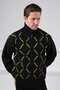 Black Zipperless Pocketless Green Stripe Detailed 100% Lamb Wool Men's Knitwear Cardigan