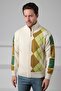 Ecru/Green Zippered Diagonal Patterned 100% Lamb Wool Men's Knitwear Cardigan - 3