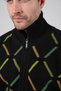 Black Zipperless Pocketless Green Stripe Detailed 100% Lamb Wool Men's Knitwear Cardigan - 5