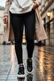 Women's Khaki Leather High Sole Sneaker Shoes Black - 2