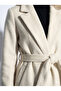 Women's Bearded Textured Double-Breasted Collar Lined Pocket Detailed Belted Buttoned Full Fit Fox Coat - 3