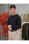 Men's Navy Blue Buttoned Crew Neck Regular Fit Plain Knit Sweater - 4