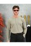 Men's Green Buttoned Crew Neck Regular Fit Plain Knit Sweater - 4