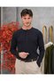 Men's Navy Blue Buttoned Crew Neck Regular Fit Plain Knit Sweater - 3
