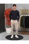 Men's Navy Blue Buttoned Crew Neck Regular Fit Plain Knit Sweater
