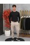 Men's Black Buttoned Crew Neck Regular Fit Plain Knit Sweater