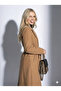 Women's Bearded Textured Double-Breasted Collar Lined Pocket Detailed Belted Buttoned Full Fit Fox Coat - 3