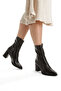 Black Leather Pointed Toe Thick Heeled Zippered Comfortable Daily Stretch Women's Boots Trend - 3