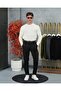 Men's White Hair Knit Textured Crew Neck Regular Knitwear Sweater