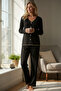 Premium Women's Corded Fabric Pajama Set – Black Gold Piped Detail , Soft Textured Home Chic - 2