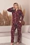 Burgundy Women's 100% Cotton Buttoned Long Sleeve Pajama Set - Floral Pattern Long Sleeve Stretch Fabric Combed Cotton - 2