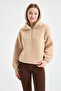 Women's Mock Neck Plush Fleece Rubber Detailed Winter Coat - 2
