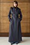 Removable Hooded Leather Paneled Gabardine Suede Look Overcoat Dark Blue 6806 - 4