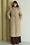 Long Quilted Coat with Removable Hood and Fur Zipper Beige 6802