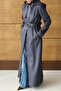 Removable Hooded Leather Paneled Gabardine Suede Look Overcoat Dark Blue 6806 - 7