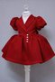 Special Design Red Pearl Button and Bow Accessories Short Balloon Sleeve Girls Evening Dress