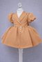 Special Design Light Brown Pearl Button and Bow Accessories Short Balloon Sleeve Girls Evening Dress