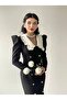 Women's Black White Peter Pan Collar Buttoned Pencil Midi Dress - 4