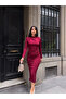 Collar Detail Sandy Fabric Dress Burgundy - 2