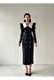 Women's Black White Peter Pan Collar Buttoned Pencil Midi Dress - 2