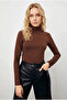 Women's Brown Half Turtleneck Long Sleeve Body-Hugging Cotton Blouse