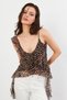 Women's Camel-Black Leopard Print Ruffle Chiffon Blouse Fs033 - 3