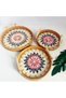 Handmade Round Rattan Serving Tray Set of 3 with Wood Handles & Mother of Pearl Inlay