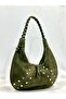 Genuine Suede Leather Women's Baguette Model Shoulder Bag with Studded Details