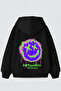 Happy Nation Design Graffiti Printed Black Oversized Hooded Sweatshirt