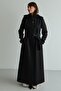 Removable Hooded Leather Paneled Gabardine Suede Look Overcoat Black 6806 - 5