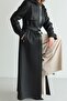 Removable Hooded Leather Paneled Gabardine Suede Look Overcoat Black 6806 - 3