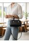 Women's Black Oval Hand and Shoulder Bag - Minimalist Baguette with Gold Detail Adjustable Strap