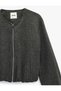 Long Sleeve Crew Neck Crop Rhinestone Embellished Bomber Jacket with Pockets - 3