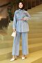 Pocketed Stone Detailed Denim Suit Ice Blue 19307