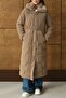 Fur Collar Detailed Zipper Patterned Quilted Long Coat S.Brown 6801 - 5
