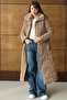 Fur Collar Detailed Zipper Patterned Quilted Long Coat S.Brown 6801 - 4