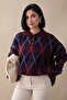 Buttoned Diamond Pattern Navy Blue Knit Sweater - 5