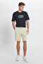 Beige Standard Fit Regular Cut Cotton Pocket Knitted Shorts - 3
