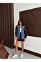 Women's Paneled Stone Hooded Blue Loose Denim Jacket - 4