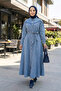 Women's Buttoned Belted Denim Blue Modest Dress - 2