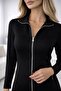 Women's Long Sleeve Collared Double Zip Detail A-Line Midi Modal Dress - 2