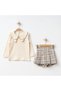 Aybüke |   Baby Lapel Collar Corded Fabric Fabric Long Sleeve Top and Plaid Button Shorts Skirt Set - 2/3/4/5 Years Old - 2