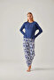 Navy Blue T-Shirt & Navy Blue Batik Viscose Women's Pajama Set - 4