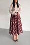 Women's Burgundy High Waist Plaid Pattern Double Pocket Midi Bell Skirt - 5