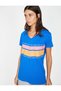 Women's Blue V-Neck Short Sleeve T-Shirt 9YAL18671IK - 3