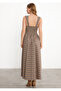 Coffee Checkered A-Line Mid-Length Square Neck Dress - 3