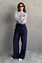 Navy Blue Wide Leg Women's Fabric Trousers Sh341 - 5