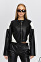 Women's Oversize Zippered Collar Snap Fastener Shoulder and Skirt White Patterned College Racer Jacket Biker Coat - 2