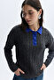 Women's Anthracite Melange Hair Braided Polo Collar Sweater - 3
