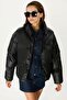 Women's Shiny Black Windproof Water Resistant Filled Coat - 3